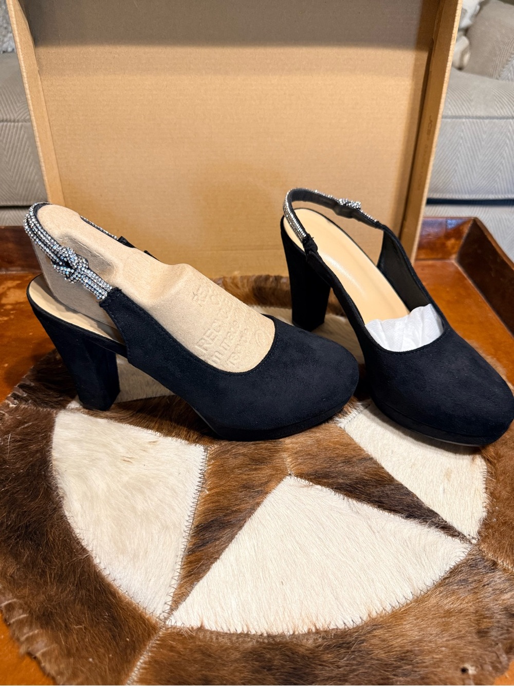 White Stag Black Suede Slingback Block Heels with Embellished Strap